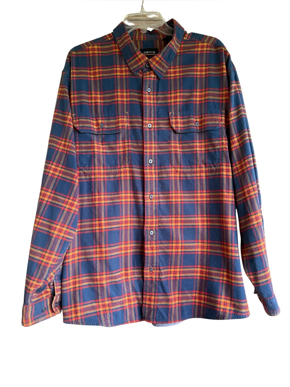 Orvis Flat Creek Tech Flannel Men's XXL Blue Orange Plaid Performance Shirt